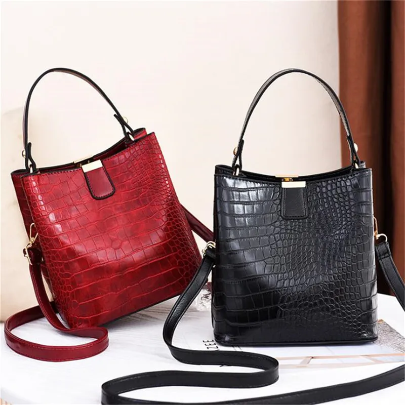 

LKEEP Retro Bucket Bags Women Pattern Handbag High Capacity Casual Crocodile Shoulder Messenger Bags Ladies PU Purse