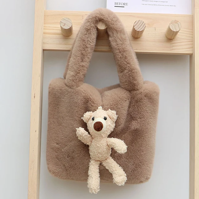 

Teenager Faux Fur Cute Bear Plush Toy Top-handle Tote Bag Student Casual Girl Winter Ins Fashion Fluffy Handbag Messenger Bag
