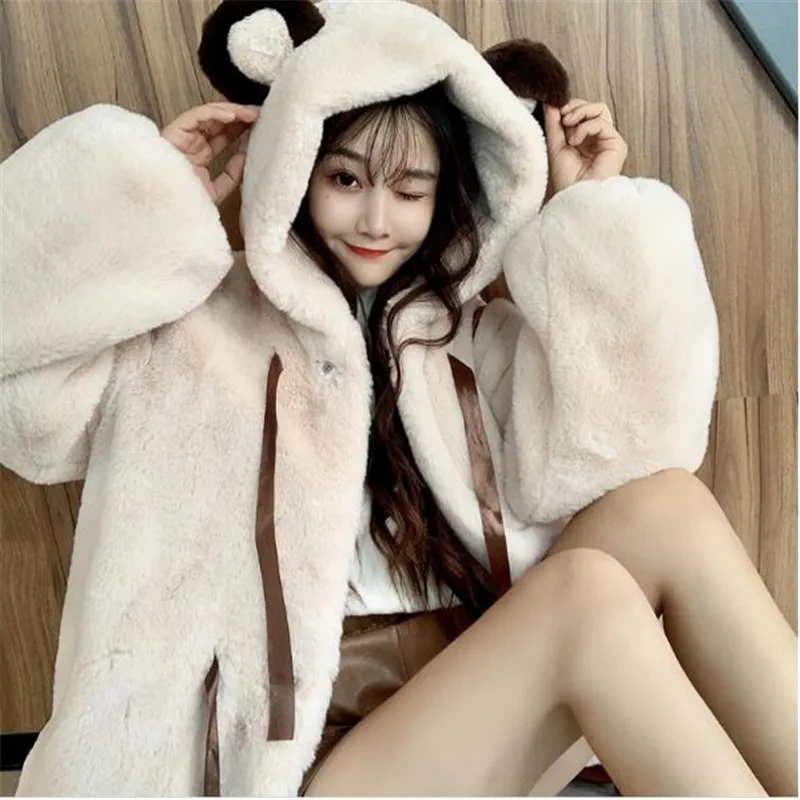 Women Japanese Korean Cute Lolita Faux Rabbit Fur Coats Winter Students Hooded Warm Kawaii Fur Jacket Furry Sweet Cotton Coat