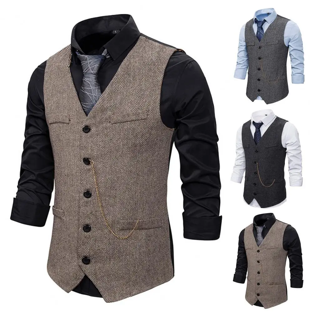 

Men's Suit Vest Brown Wedding Wool Tweed Business Waistcoat Jacket Casual Slim Fit Gilet Homme Vests For Groosmen Man Wedding