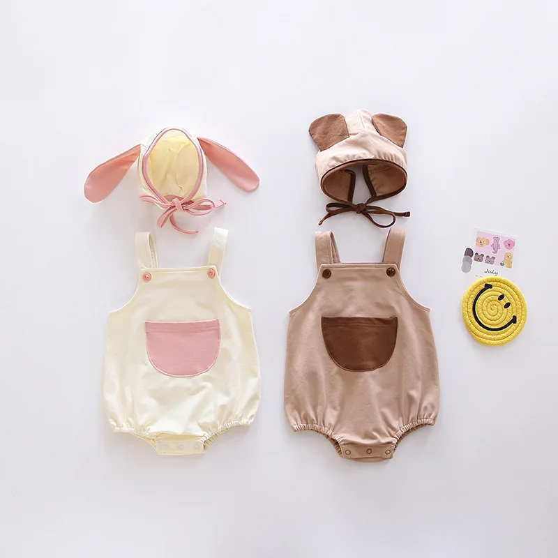 

2022 summer newborn clothes boys and girls cartoon bear suspenders triangle rompers baby cute pocket suspenders + hat2Pcs