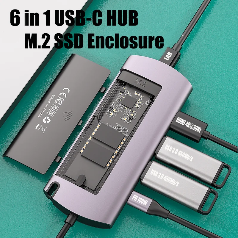 

USB C HUB M.2 NVME SATA Enclosure Type c 6 in 1 Docking Station to USB 3.0 HDIM LAN PD100W SSD Disk Case for macbook pro laptop