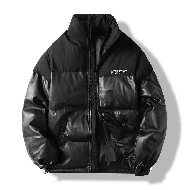 Winter Men'S Pu Leather Cotton Clothes New  Brand Fake Two Thick   Hooded Coat Fashion Comfortable  Warm Jacket Black Pink