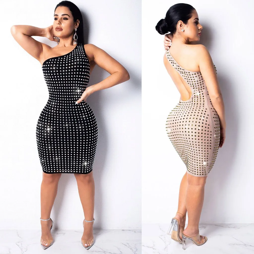 

Женское сексуальное элегантное мини-платье с одним открытым плечом и яркими бриллиантами, повседневные платья для женщин, женские повседне...