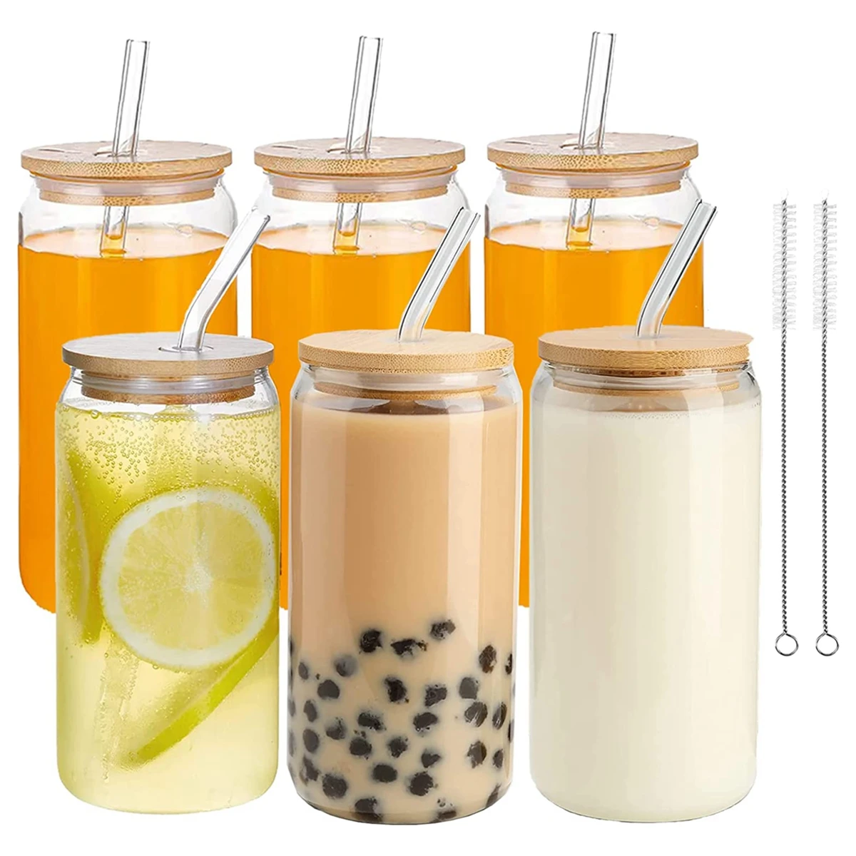 

6pcs Glass Straw Cup Glasses Cup with Straws and Bamboo Lids Drinking Glasses for Coffee Beer Cocktail Wine Soda Coke Glass Cup
