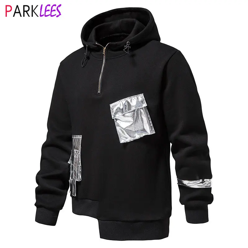 

Silver Metallic Splicing Punk Rock Sweatshirts Men Hoodies Harajuku Hip Hop Hoodie Streetwear Men Casual Gothic Style Sudaderas