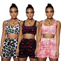 european and american womens fashion print vest jogging shorts two piece casual sports suit