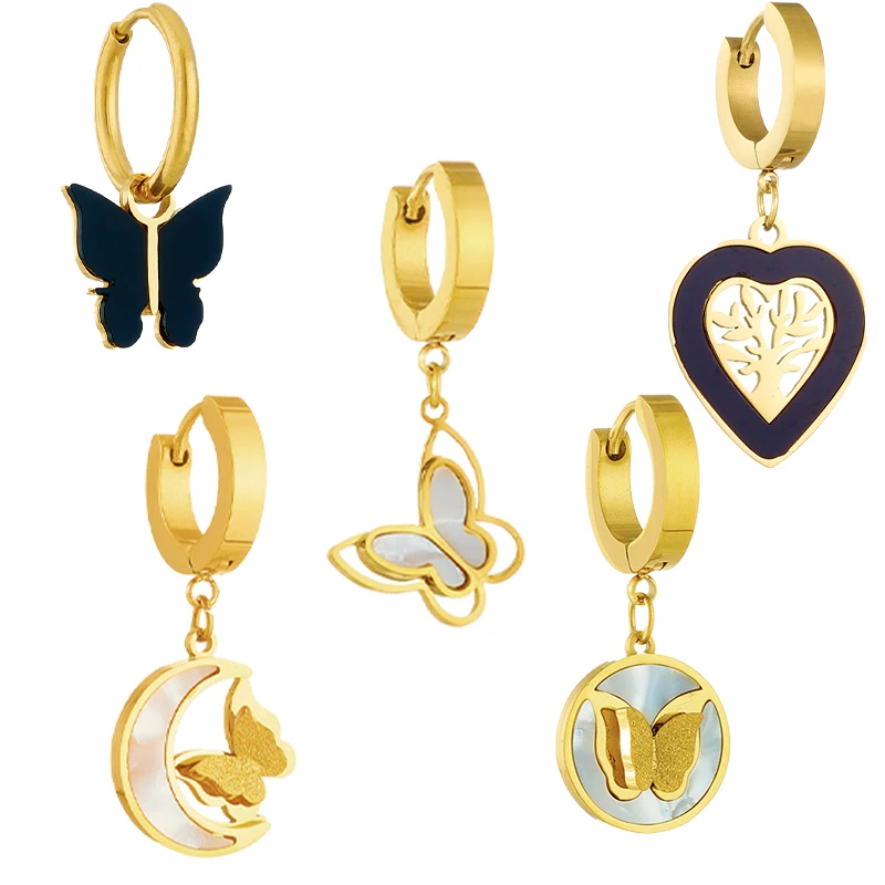 

White Shell Butterfly Earrings For Women Hoop Earrings Stainless Steel Gold Color Quality Jewelry Accessories DTC Dropshipping
