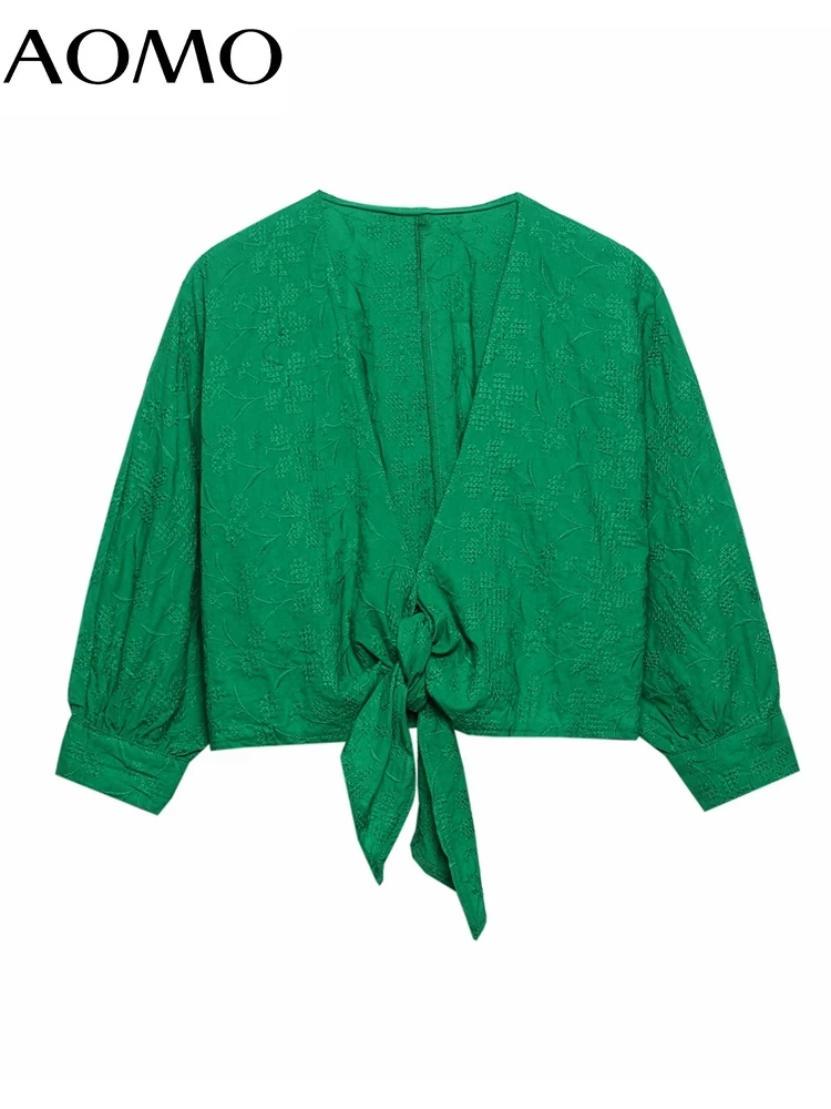 

AOMO Women Retro Embroidery Green Cotton Blouse Shirt with Bow Short Sleeve 2022 Chic Female Shirt Tops 6H82A