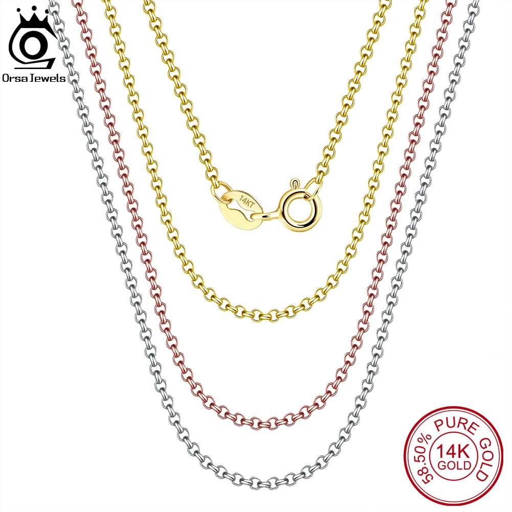 

ORSA JEWELS Genuine 14K Solid Gold Rolo Chain Necklace 0.85/1.0/1.3mm White Rose Rose Gold Women Men K Gold Neck Chain GC06
