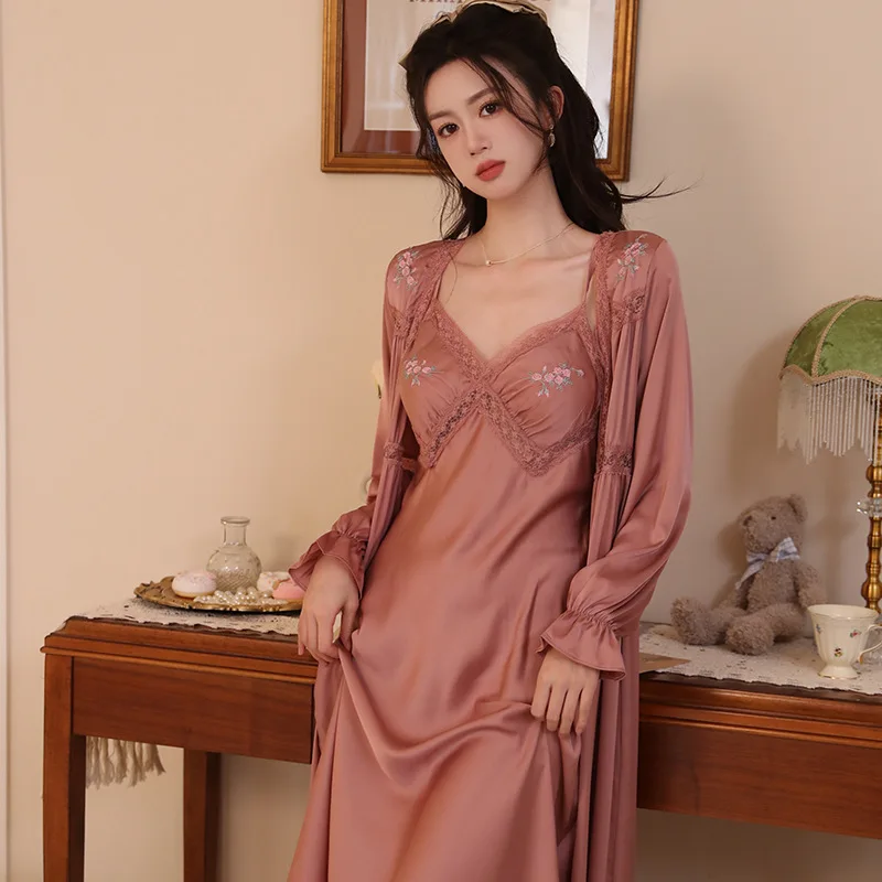 Женская ночная рубашка из двух предметов на французских подтяжках длинные