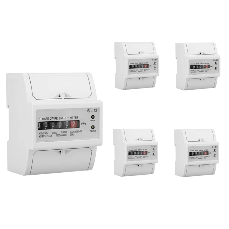 

5X 220V DIN-Rail Electric Meter, Digital 1 Phase Electric Meter 2 Wire 4P, XTM75S-U Electric Meter Kwh Meter(5-30A)