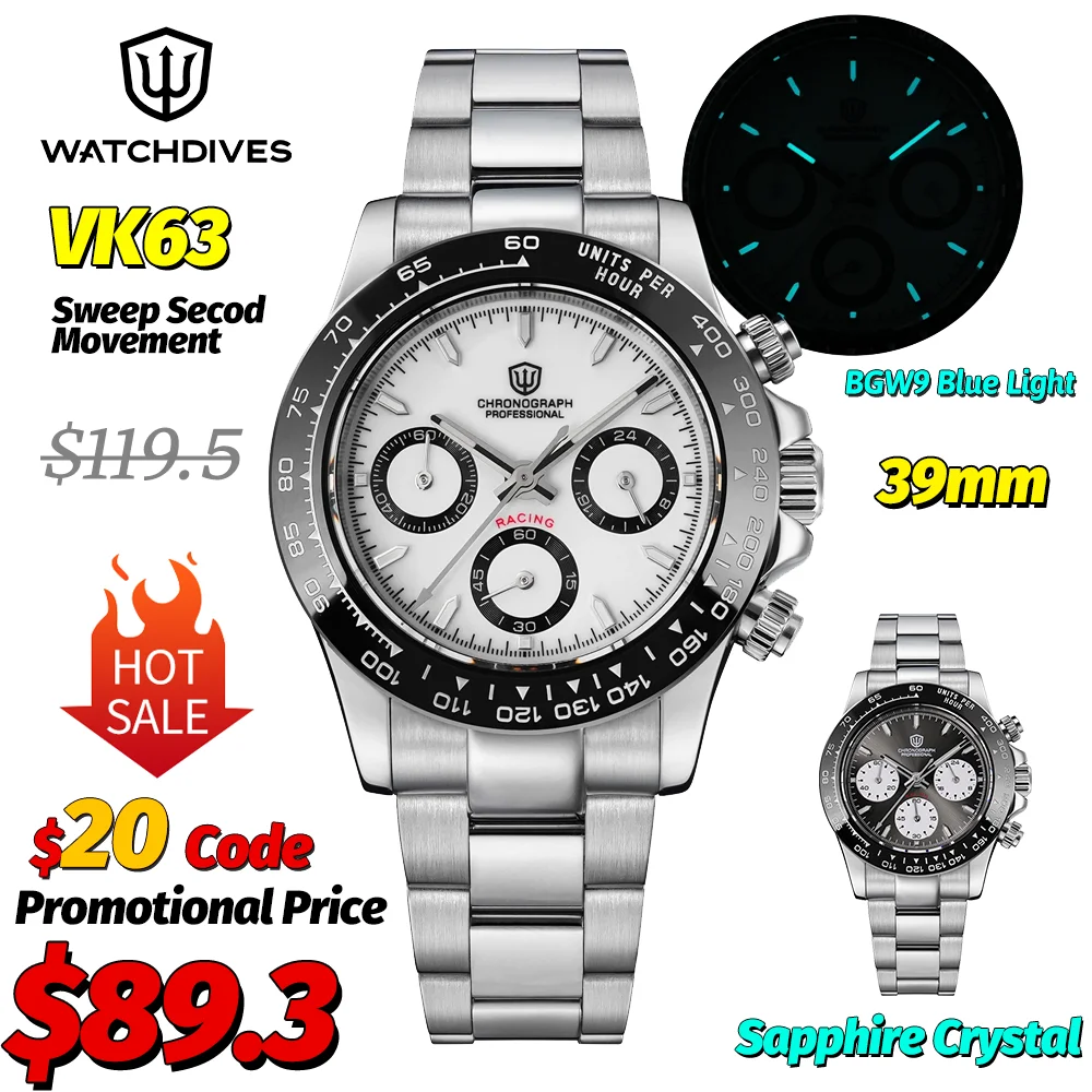 Фото Watchdives WD16500 V2 Кварцевые часы VK63 Sweep Спортивные часы с хронографом Сапфировое покрытие AR BGW9 Светящиеся водонепроницаемые часы №2