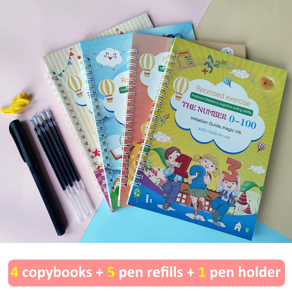 

4 Magic Copybooks Reusable Free Wiping English Maths Drawing Children's Montessori Toy Sticker Writing Practice Calligraphy