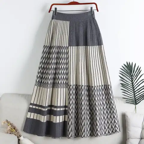 Женская трикотажная юбка в полоску, Повседневная Длинная эластичная трапециевидная юбка с высокой талией, на осень и зиму