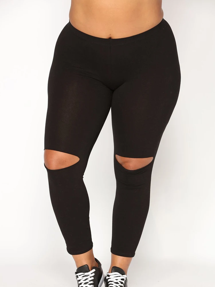 Sexy Leggings Women Ripped Pants Hole High Waist Stretch Solid Black Casual Trousers Hollow Push Up Leggins Elasticity
