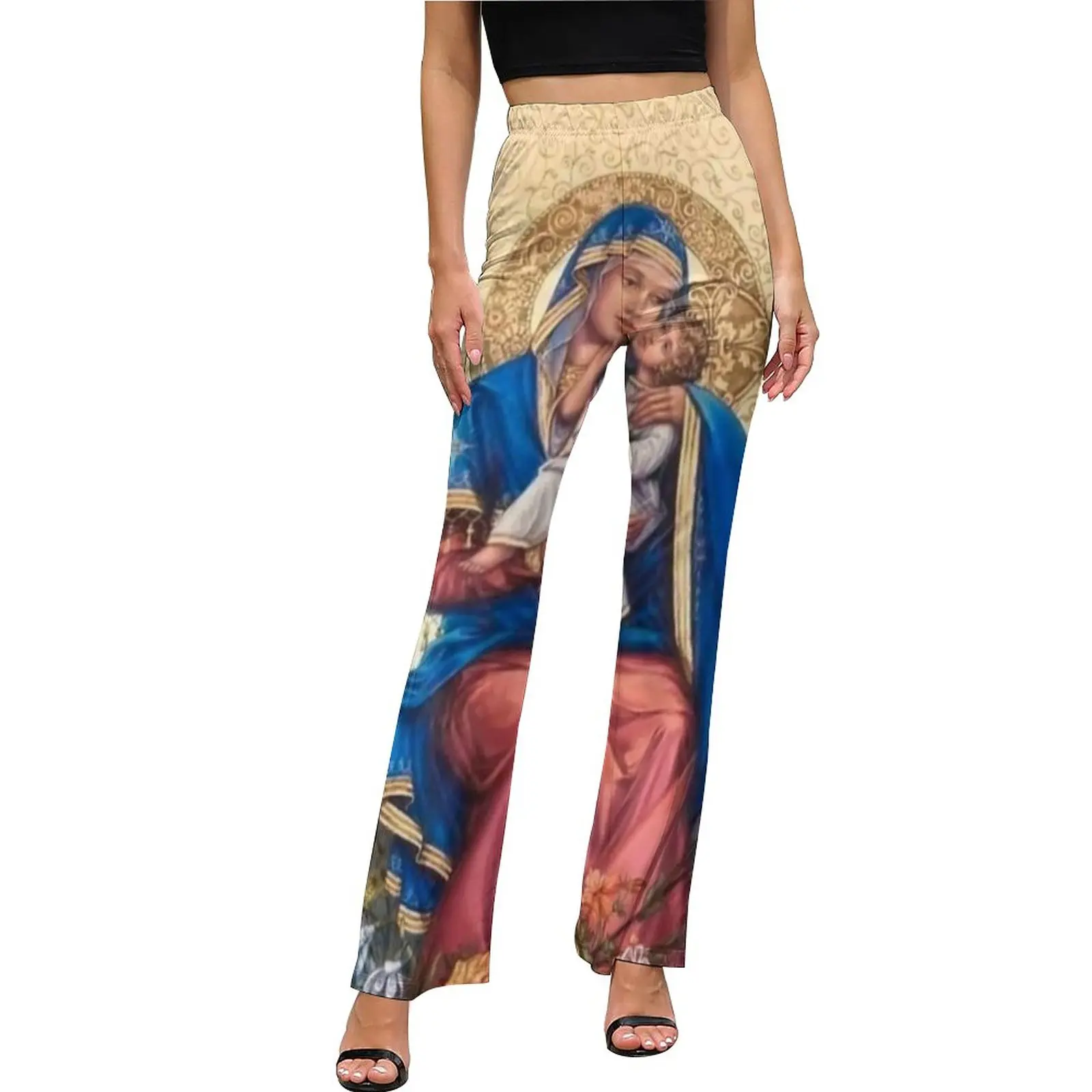 

Virgin Mary Print Casual Pants Womens Mother of God Slim Fit Harajuku Flare Pants Summer Trendy Printed Trousers