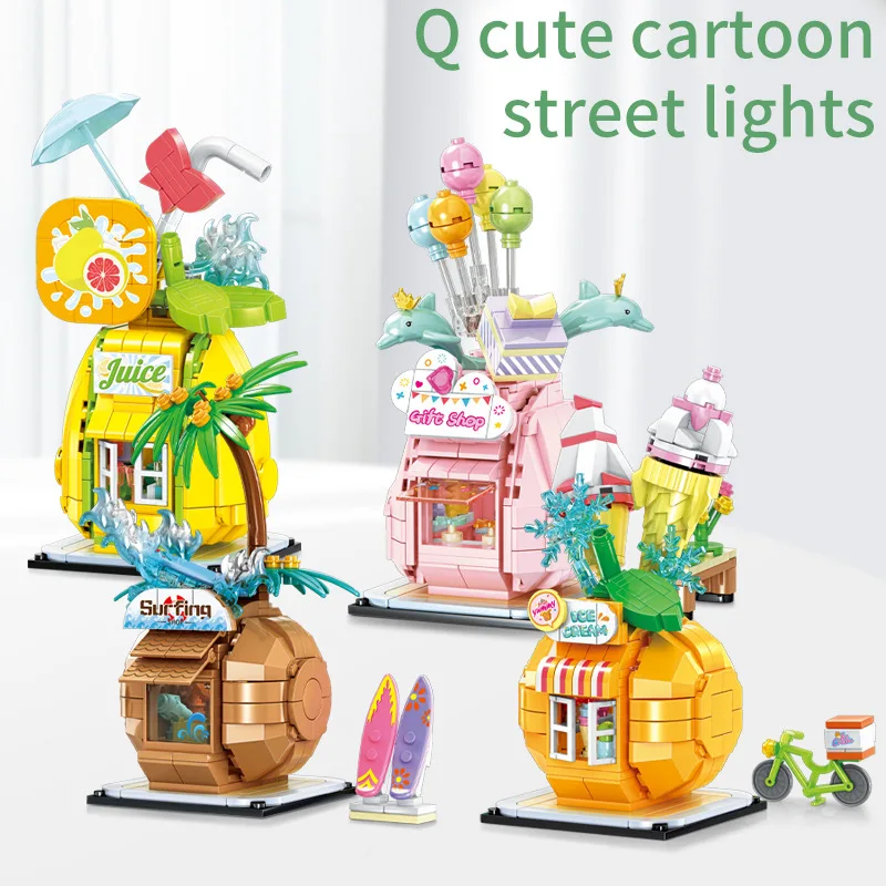 

Mini Fruit Street View Creative Building Block Surf Coconut/Peach House Ice Cream Gift Shop Model Brick Toys for Girls Christmas