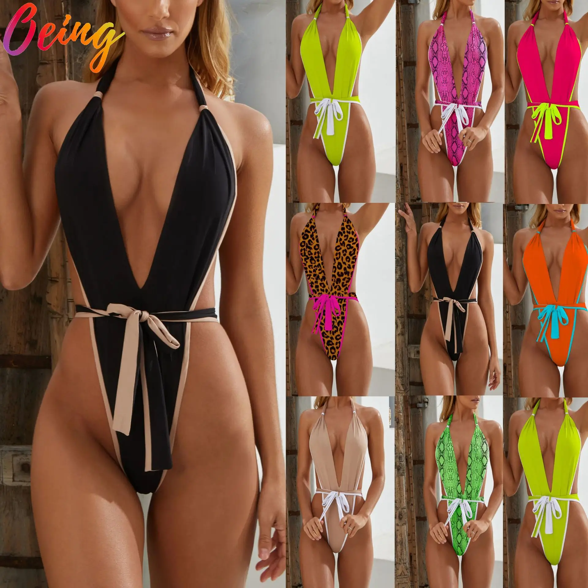 

OEING Sexy One-piece Suits Deep V Neck High Waist Women Bodysuit Push Up Summer Beachwear Swimming Bikinis Bathing Suit Biquinis