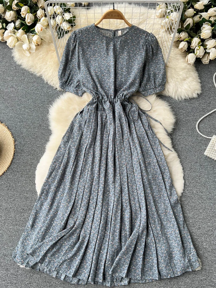 

Fitaylor Summer New Women Pleated Chiffon Floral Short Sleeved Dress Fashion Casual High Waist Slim Over Knee A-Line Dresses
