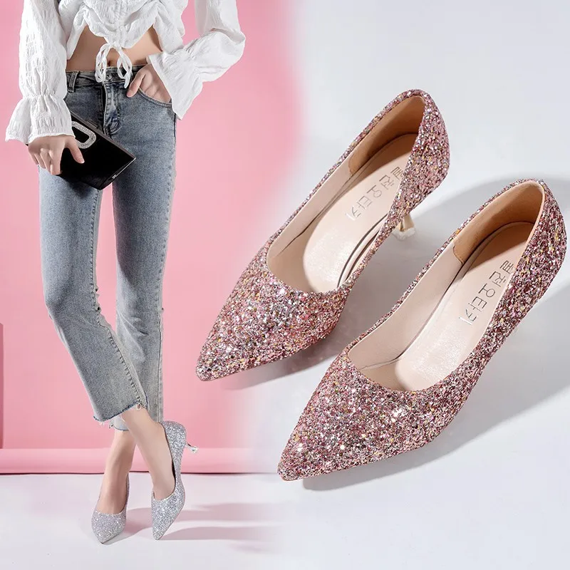 

Sexy Thin High Heels Pointed Toe Shoes Women New Fashion Bling Sequins Party Wedding Shoes Elegant Ladies Pumps Zapatos De Mujer