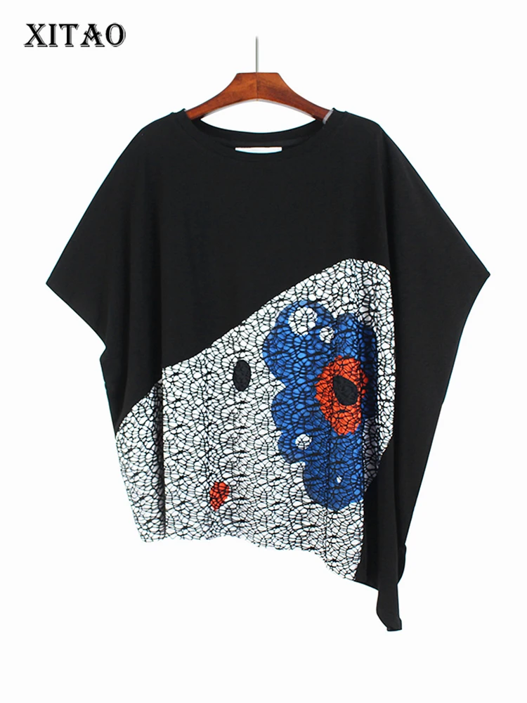 

XITAO Fashion Irregular Print T-shirt Loose Contrast Color Splicing Casual Women Top 2022 New Simplicity All-match WLD7683