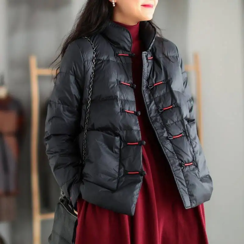 Retro Padded Clothes Buckle Retro Padded Collars Light Down  Women's Loose Thickened  White   Solid  Cotton