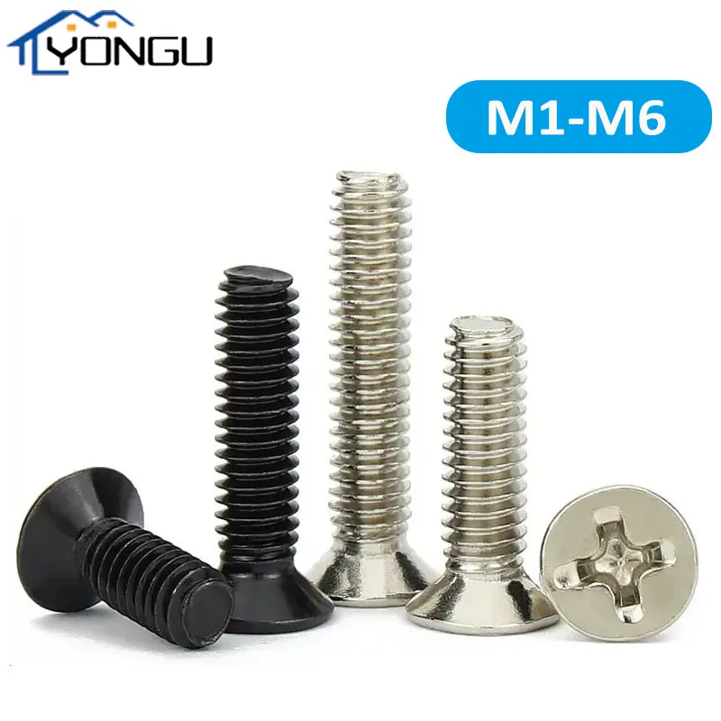 

Mini Small Black Steel Cross Phillips Bolt Flat Head Countersunk Head Screw Computer Case Machine Screws M1 M1.2 M1.4 M1.6 M2-M6