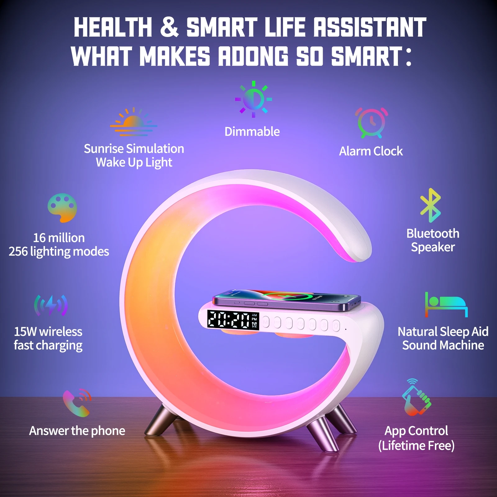 

Wireless Charging Smart Bluetooth Speaker Ambient Night Light RGB Wake-Up Atmosphere Light Music Rhythm Alarm Clock APP Control
