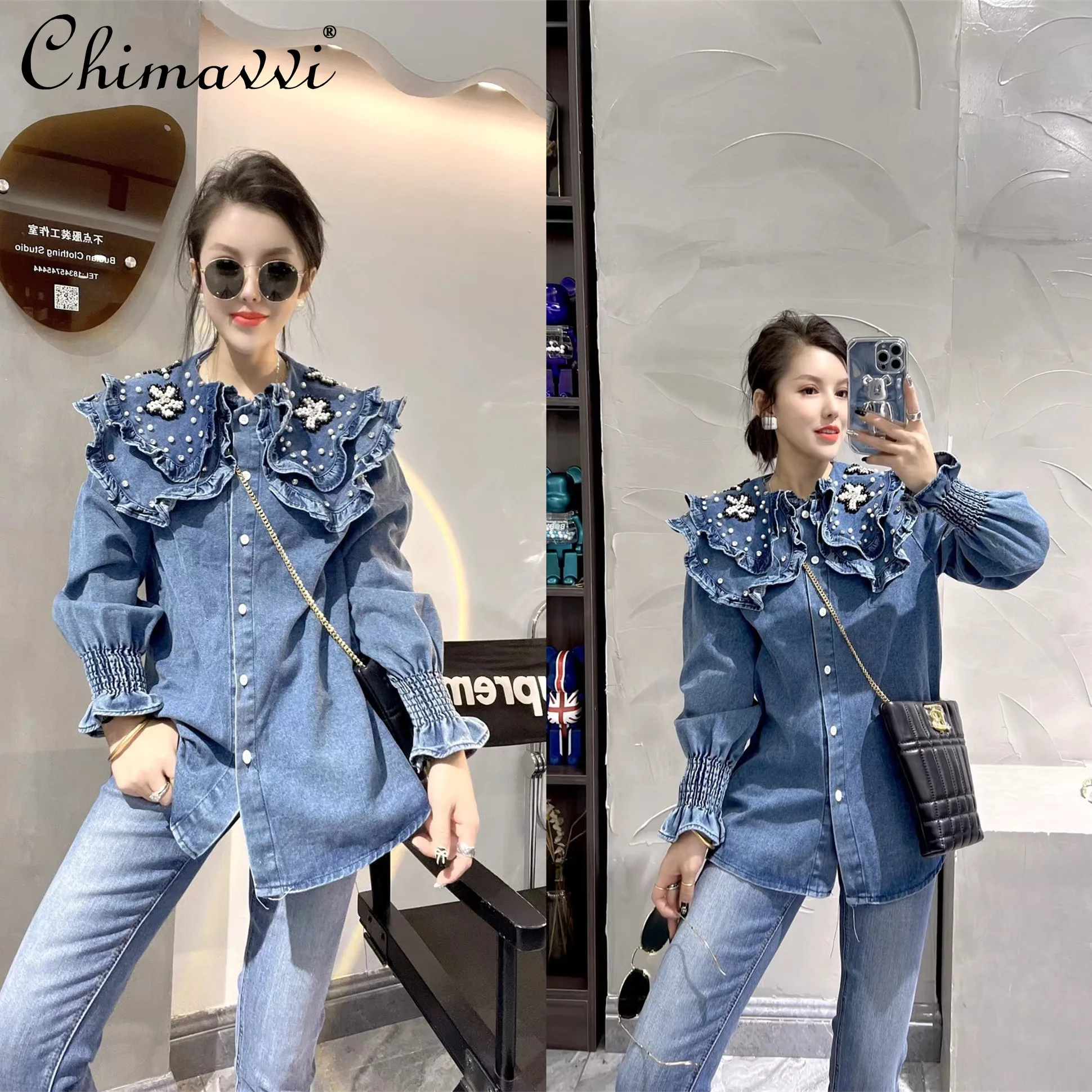 

Новинка весны 2022, корейский стиль, джинсовая рубашка с бисером и воротником для куклы, свободная приталенная блузка в европейском стиле для ...