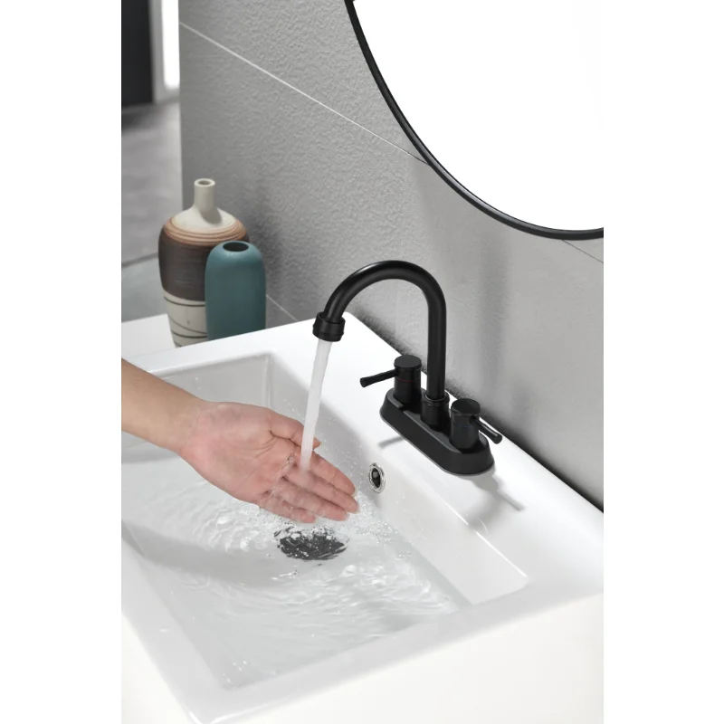 

4 Inch 2 Handle Centerset Matte Black Lead-Free Bathroom Faucet\ with Copper Pop Up Drain and 2 Water Supply Lines