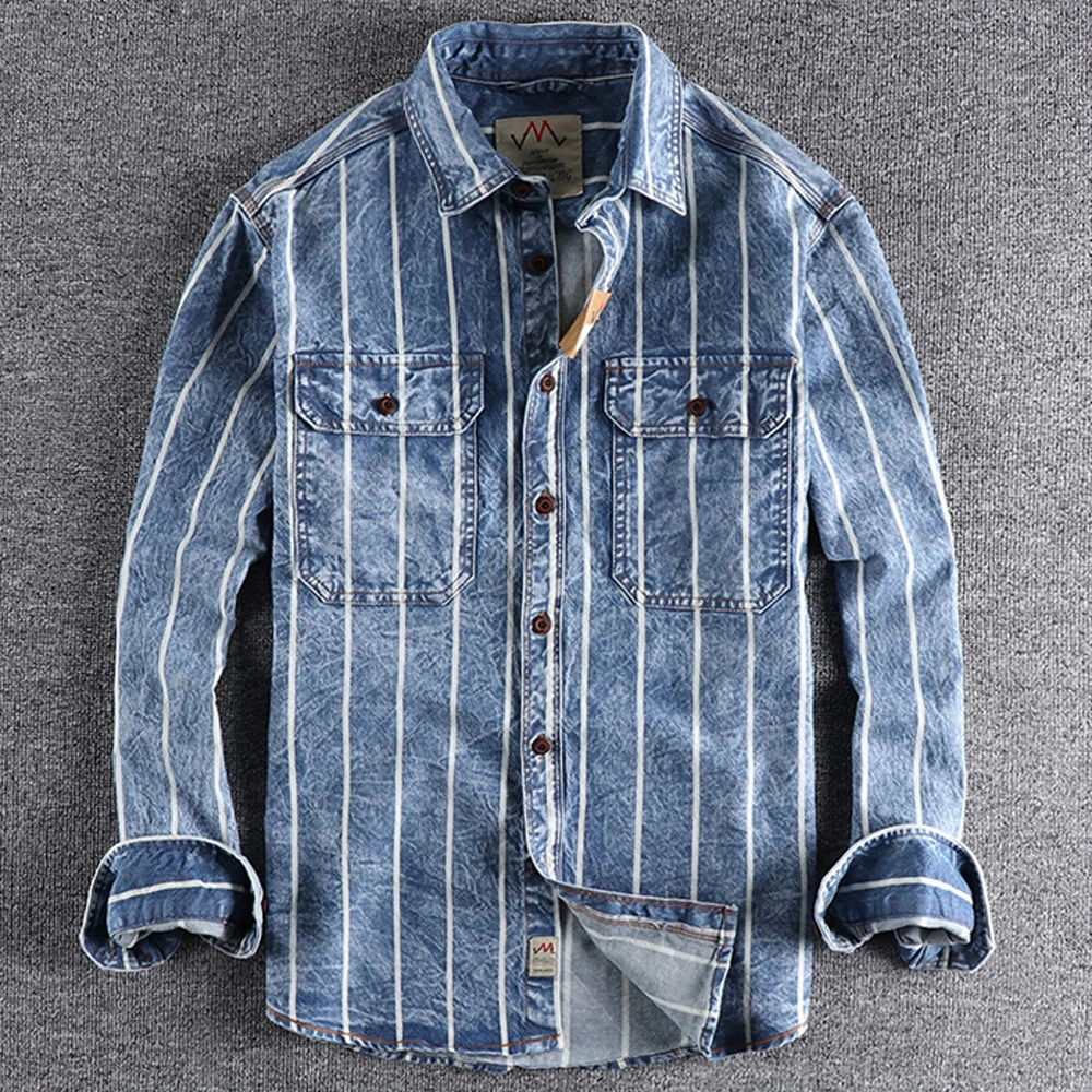 New Arrivals Quality Mens Jeans Shirt Spring Autumn Summer Coat Shirt Stripe Printed Business Top Tee Shirts Streetwear European