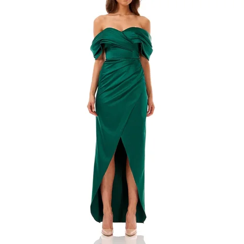 Женские платья для выпускного изумрудно-зеленого цвета, атласные платья с открытыми плечами для выпускного вечера, соблазнительное Вечернее Платье макси с разрезом крест-накрест