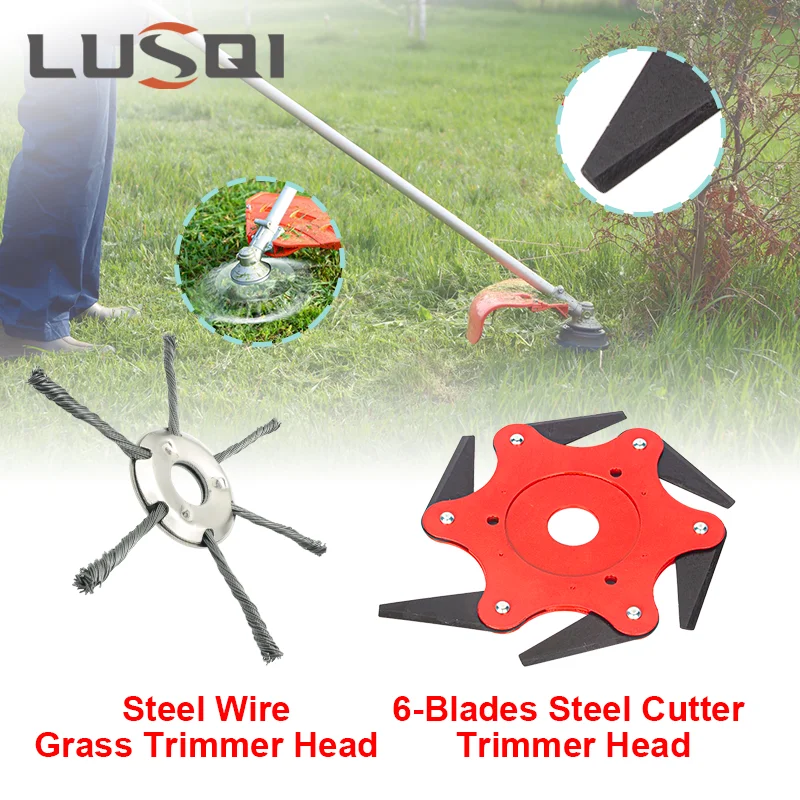 LUSQI 6-Blades Steel Cutter Trimmer Head+Steel Wire Wheel Head-3/6Claw Fit Straight Shaft Gasoline Brushcutter Removal Moss Rust