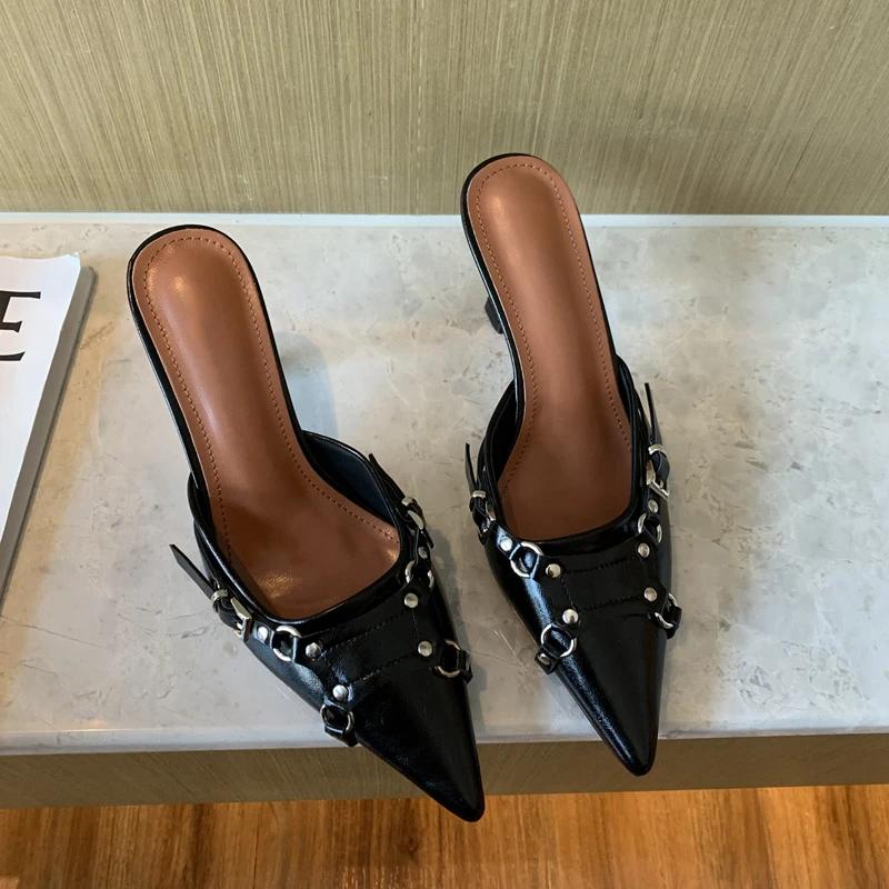 

2023 Spring New Brand Women Slipper Fashion Thin High Heel Pointed Toe Women Sandal Shoes Outdoor Dress Mules Shoes