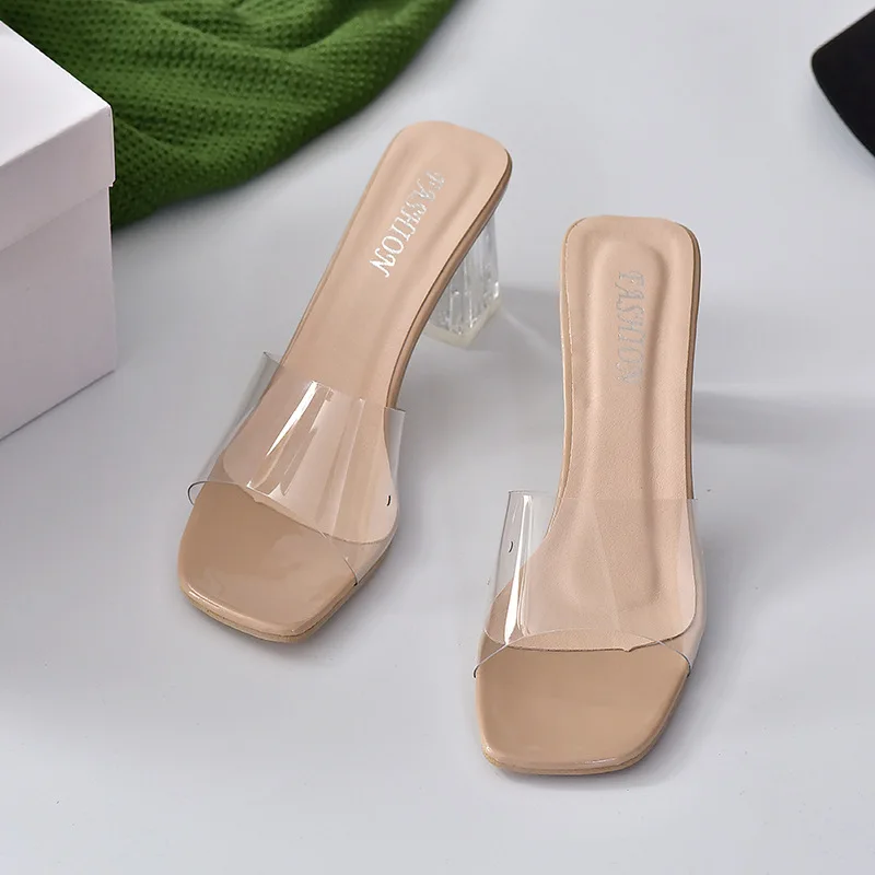

Sandals PVC Jelly Crystal Clear Transparent Slippers Female Shoes Middle Heels Comfortable Women Shoes Fashion Mules Slides