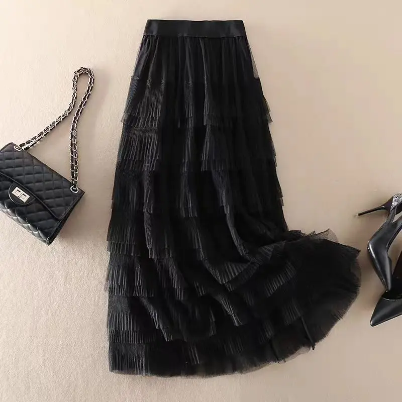 Классическая однотонная женская юбка с эластичным поясом и сетчатой