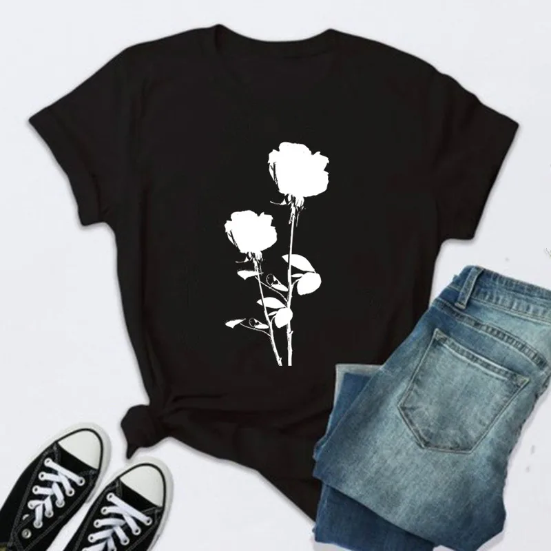 

Fashion Rose Print Love Woman T-shirts Female Shirt Casual Black Women Tshirts Harajuku T Shirt Femme Tops Tees