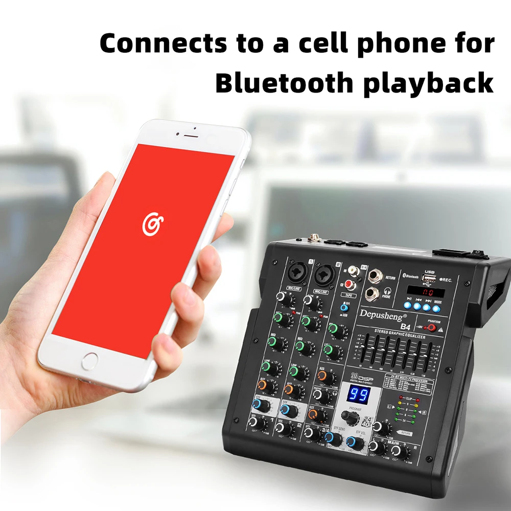 Фото 2-канальный аудиомикшер, аудиоинтерфейс с Bluetooth, USB-записью, компьютер, фантомные эффекты питания 48 В, домашняя студия, прямая доставка №3