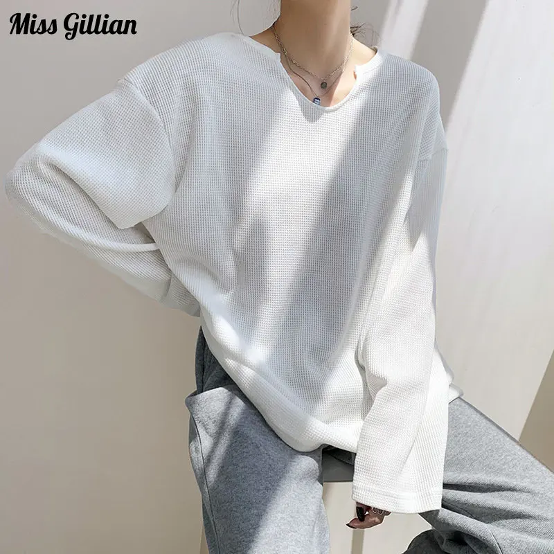 

Long Sleeve Top Waffle Women T-shirts Oversize Tees V Neck Casual Tees Korean Fashion Female Clothing Solid Color Loose Shirts