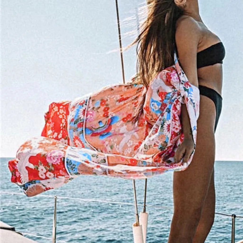 

Women Beach Cover Ups Floral Printed Chiffon Swimsuit Oversize Long Kimono Pareo Kaftan Robe Beach Wear Bikini Wrap Cardigan