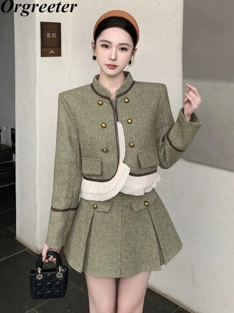 

Женский винтажный комплект из двух предметов, шерстяной пиджак с оборками и плиссированная юбка, комплект из двух предметов для студентов, женский костюм