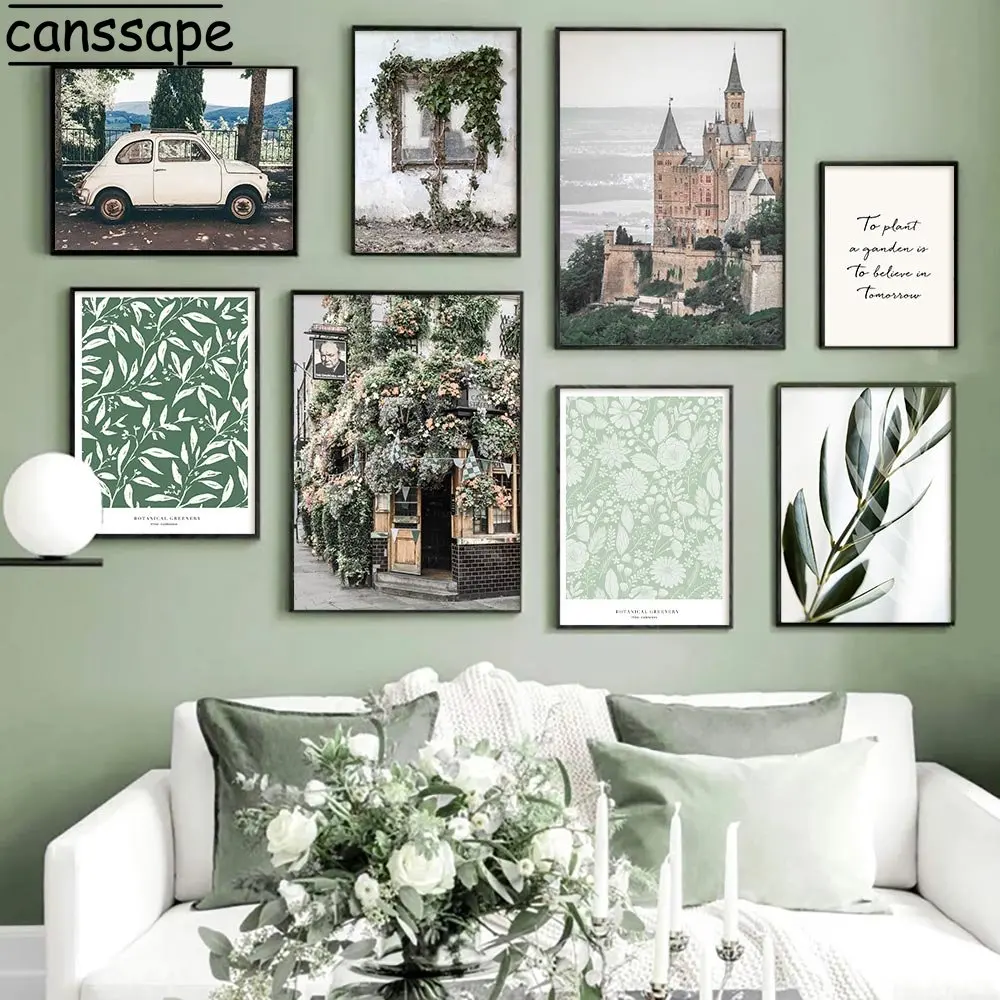 

Настенные художественные плакаты с изображением строительного замка, зеленых растений, художественные принты с листьями, картины с рисунк...