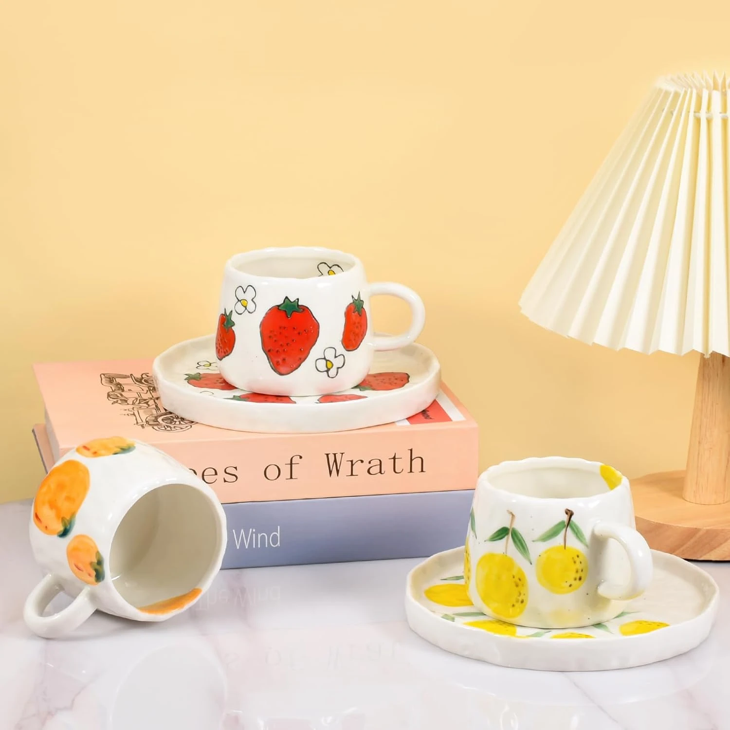 Strawberry Cute Ceramic Coffee Mug with Saucer Creative Printed Flowers Design Adorable 10 oz/300 ml Cup for Office Latte Te