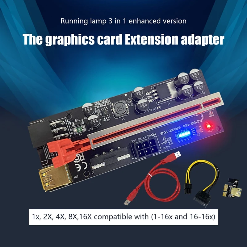 

VER009 Plus SATA Card Adapter With LED Light 8 Solid Capacitors PCIE 1X To 16X PCI-E Riser Card Extender USB 3.0 Cable