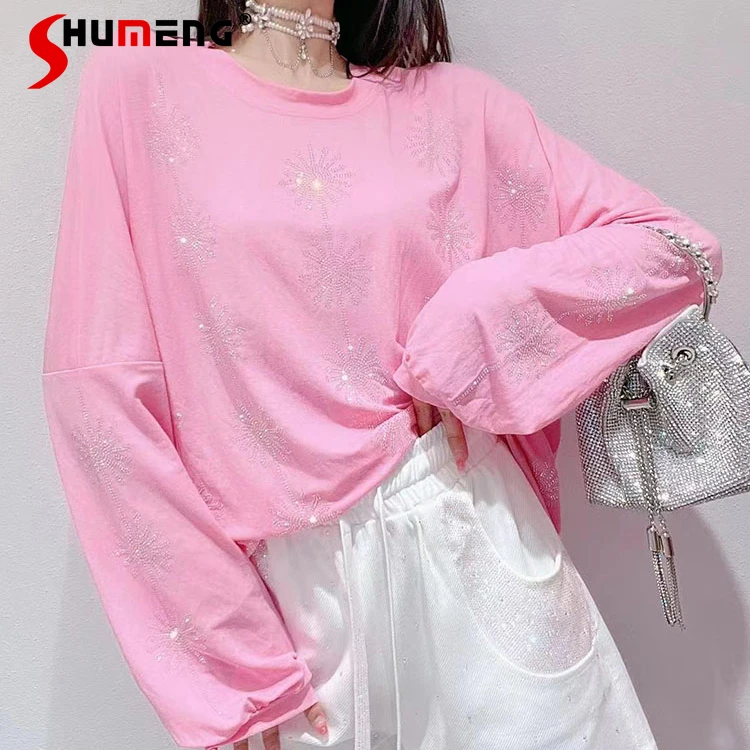 

Female 2022 Summer New Korean Style Fashion Sweet Embroidery T-shirt Women's Simple Fairy Hot Drilling Loose Slimming Top Tees