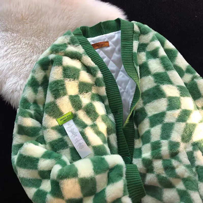 

Green checkerboard plaid lamb wool design sense jackets for women Y2K winter loose baseball padded jackets for women winter 2022