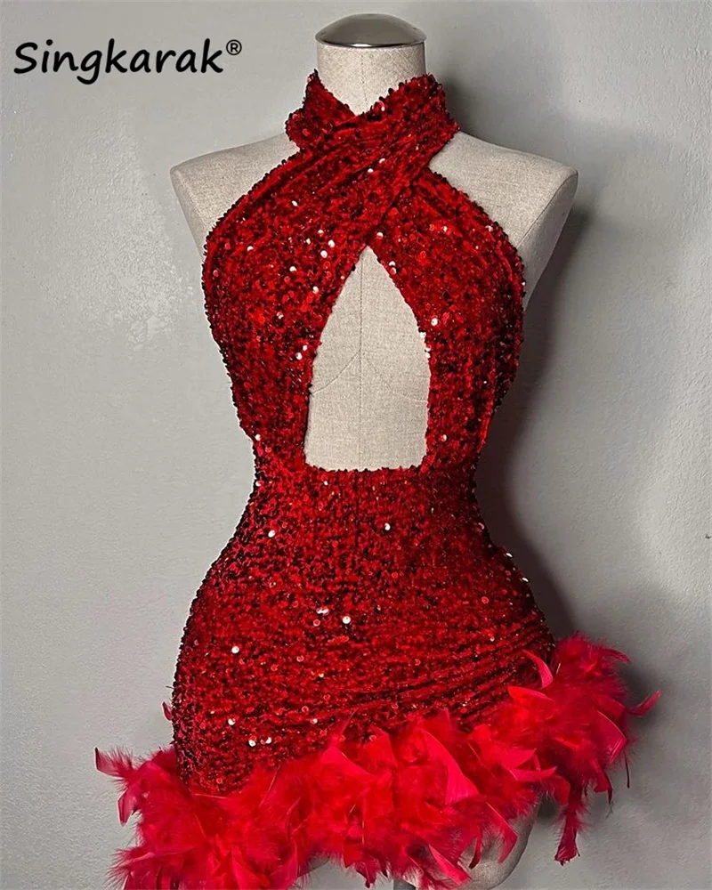 

Glitter Red Short Prom Dresses 2023 For Black Girls Sequined Birthday Party Dress Feathers Cocktail Homecoming Gowns Open Back