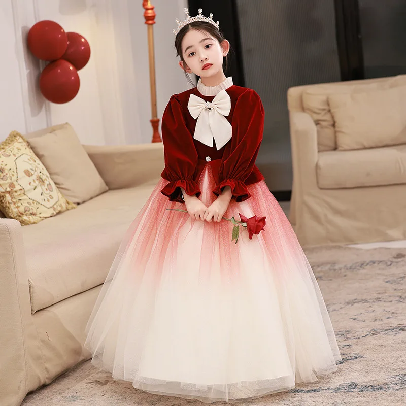 

Girl's Temperament Princess Dress For 1-14 Year Old Holiday Feast Bow Red Long Dresses Chinese Style Elegant Pageant Catwalk