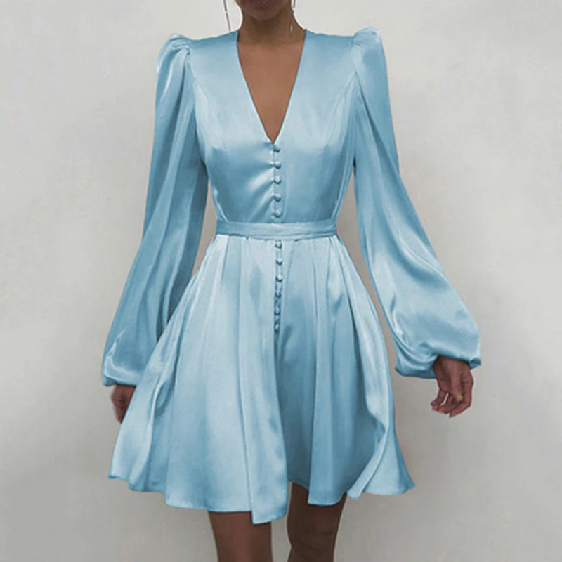 

Women Dress Satin D V-Neck Temperament Slim Dress Female European And American New Design Lantern Sleeve Skirt Spring